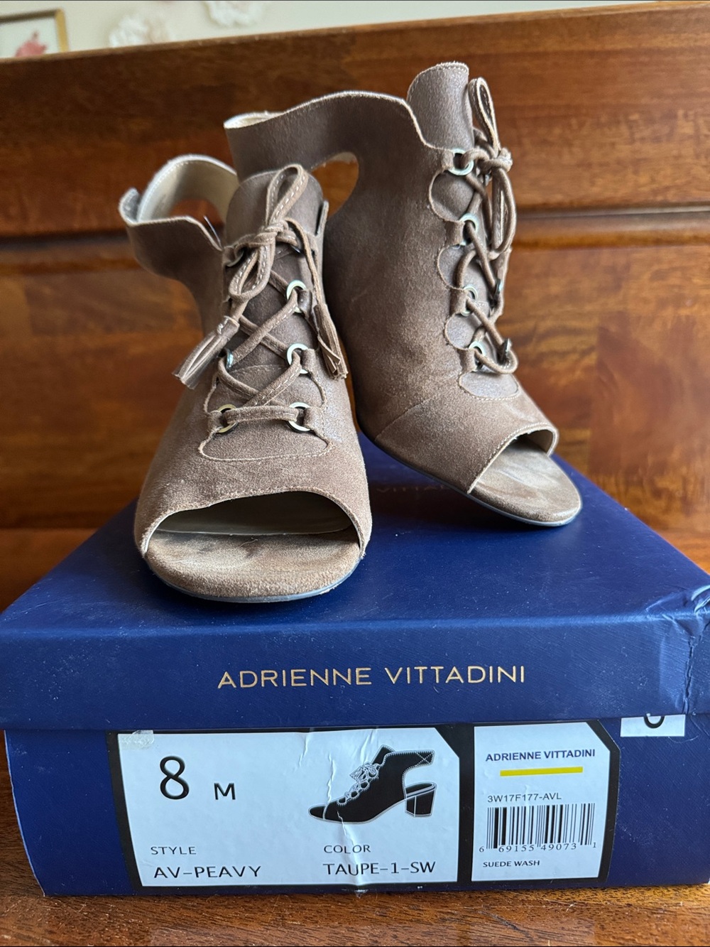 Adrienne Vittadini Taupe Suede Peep-Toe Lace-Up Booties